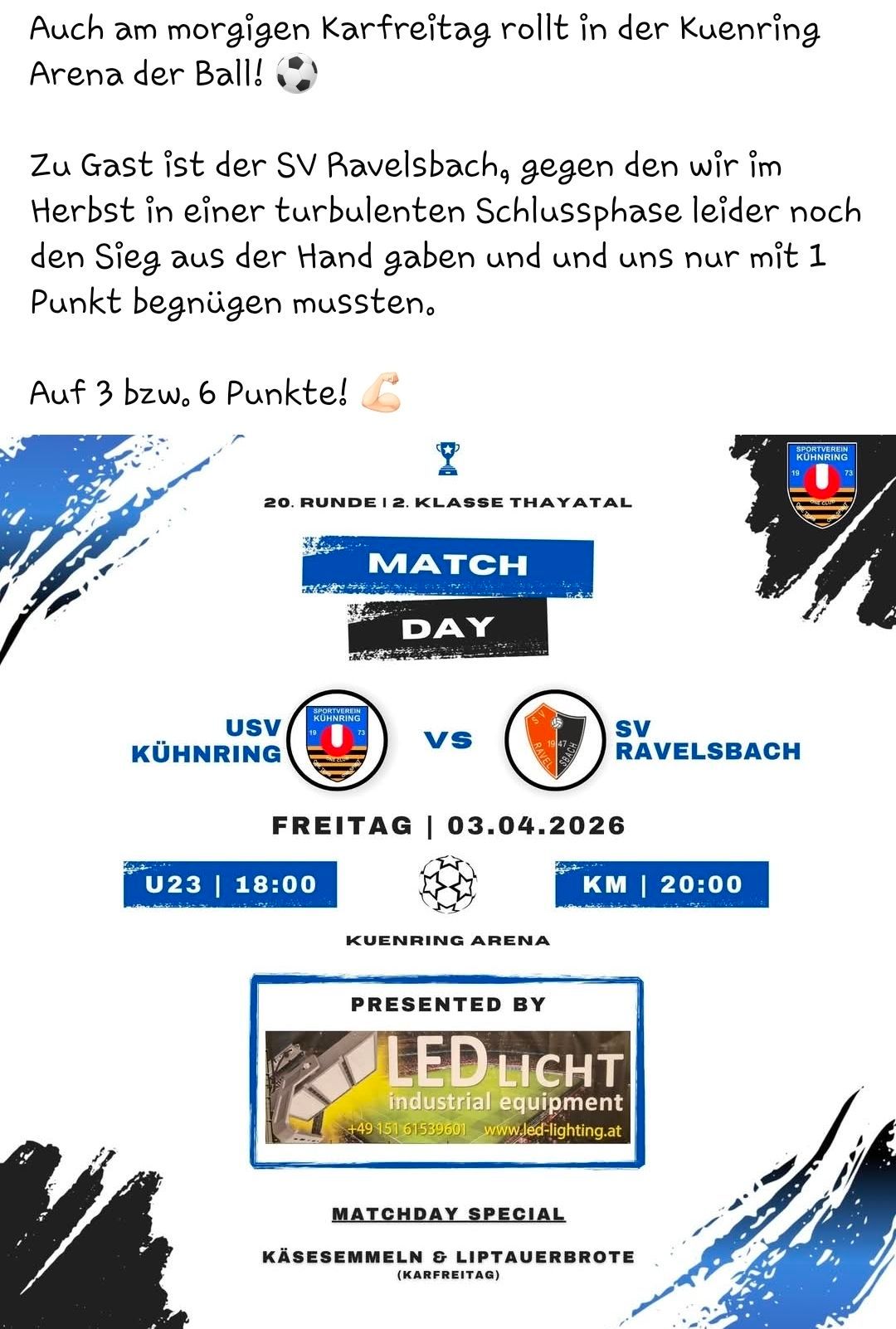 A poster for a soccer match between USV Kühning and SV Ravelsbach, scheduled for April 3, 2026, with match times 18:00 and 20:00 at Kuenring Arena.