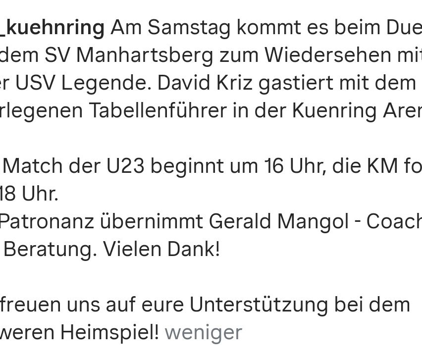 Probe am Samstag beim DM Manhartsberg für das Rückspiel gegen USV Legende. David Kriz ist der Tabellenführer in der Kuenring U23, Beginn um 16 Uhr. Vielen Dank!