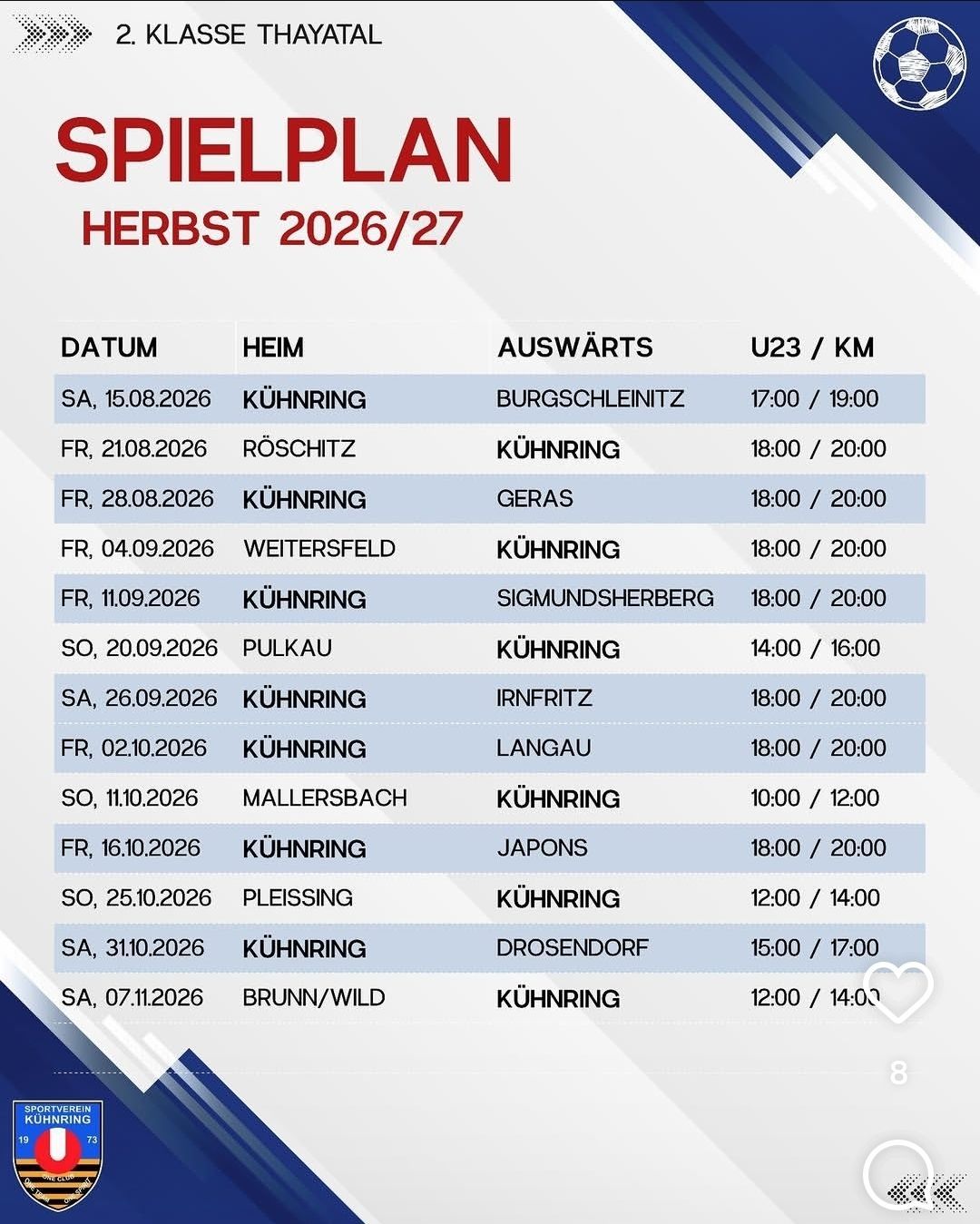 Eine Tabelle mit dem Spielplan für die Herbstsaison 2026/27, die Daten, Heimmannschaften, Auswärtsmannschaften und Spielzeiten auflistet.