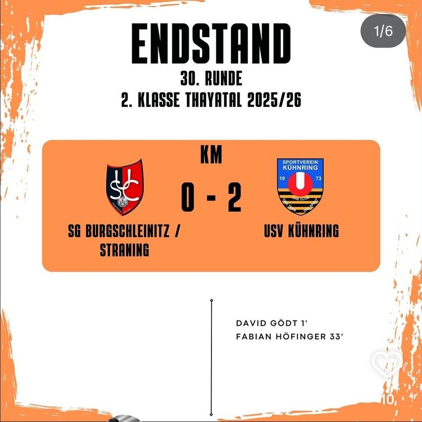 Endstand 30. Runde, 2. Klasse Thyatira, 2025/26. SG Burgschleinitz gegen USV Kühnring mit den Ergebnissen 0-2. David Godt traf in der 1. Minute, Fabian Höfinger in der 33.