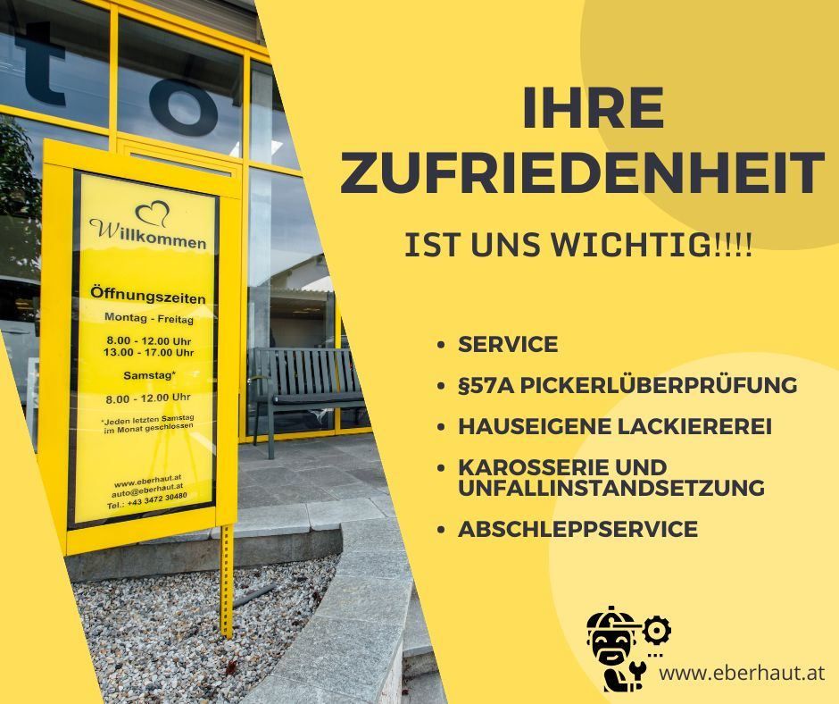 A yellow signboard outside a shop advertises services like car inspections, bodywork, and repairs. The sign is placed on a yellow background with a bench and building in the background.