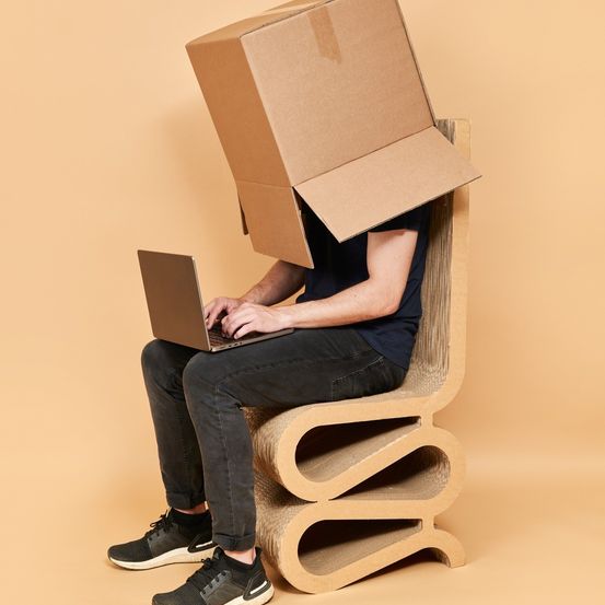 Bild enthält, Person, Sitting, Clothing, Footwear, Shoe, Box, Laptop, Pc, Cardboard, Carton