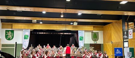 Ein Orchester spielt auf der Bühne in einem Saal, vor einem großen Publikum. Die Bühne ist mit Musikinstrumenten geschmückt, und das Publikum beobachtet aufmerksam die Aufführung.