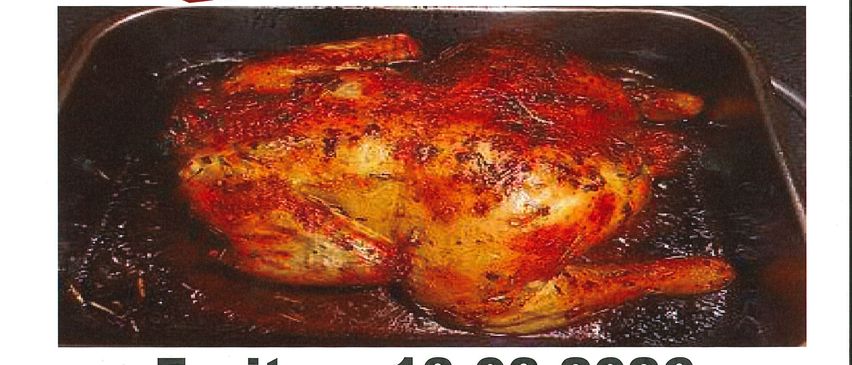 Plakat für ein Hähnchenbraten-Event am Freitag, 13.03.2026. Das Bild zeigt ein gebratenes Hähnchen in einer Schale. Das Plakat ist auf Deutsch.