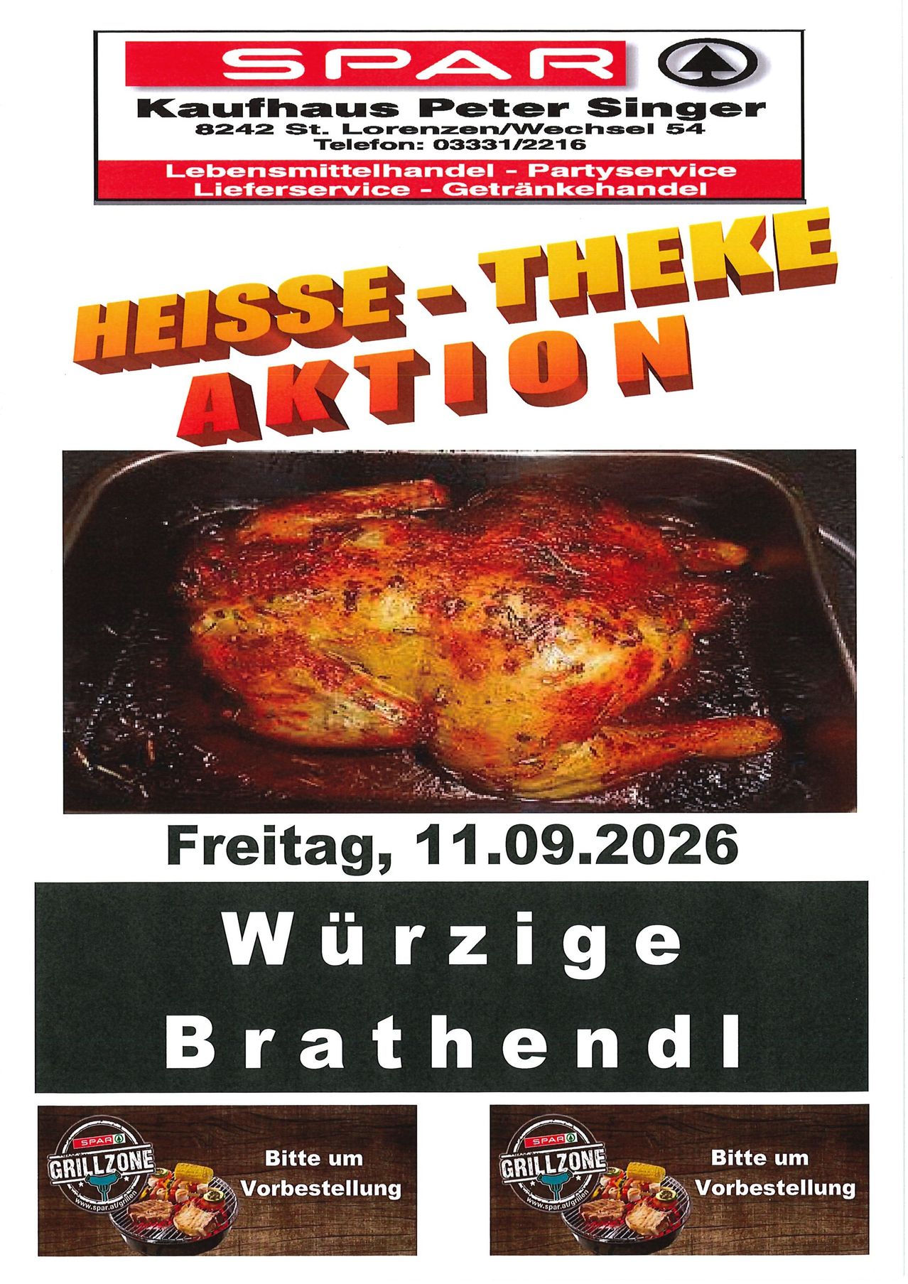 Werbeplakat für eine heiße Hühneraktion am Freitag, 11.09.2026. Das Bild zeigt ein gebratenes Huhn in einer Pfanne.