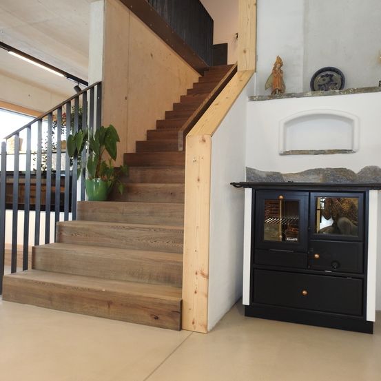 Eine Holztreppe mit Handlauf und einer Topfpflanze an der Seite, die zu einem Kamin und einem schwarzen Schrank mit Glastüren führt.