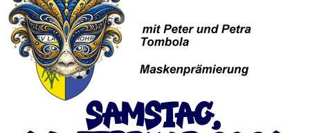 Ein Veranstaltungsposter für Faschings Gschnas mit Maskendesign beginnt am Samstag, 14. Februar 2026, um 20:00 Uhr in Langenrohr.