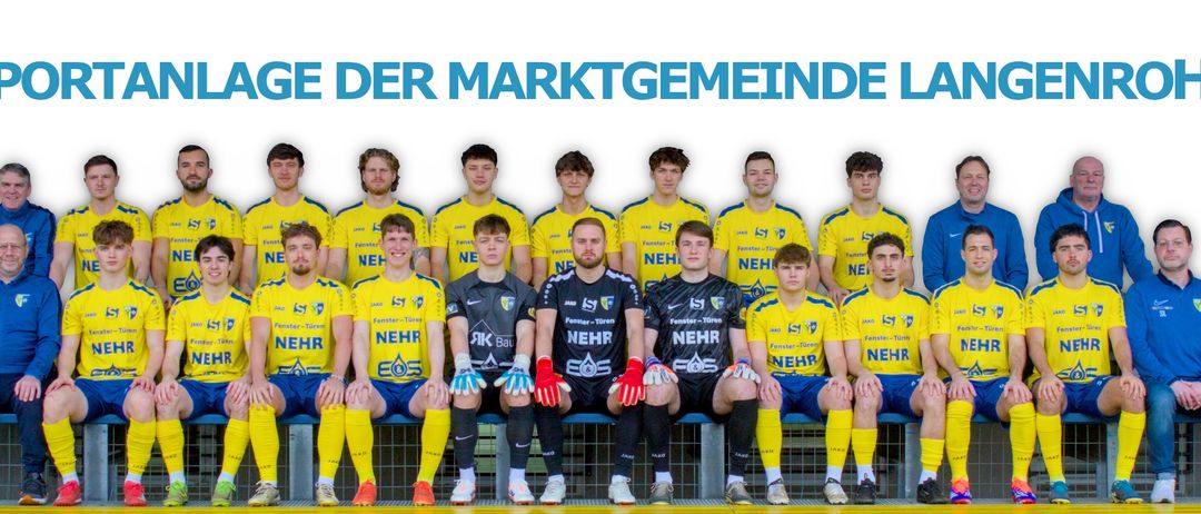 Eine Gruppe junger männlicher Athleten in gelben und schwarzen Trikots mit der Aufschrift 'NEH' und 'Fenster-Turen' sitzt auf einer Bank, möglicherweise für ein Teamfoto posierend.