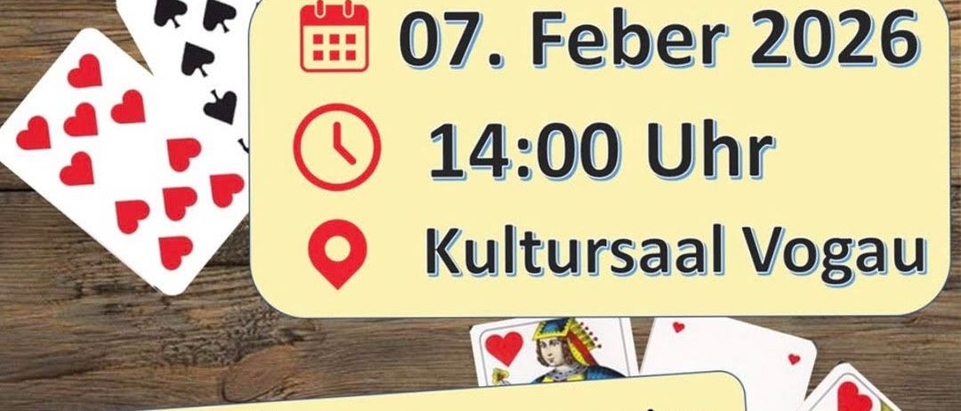 Plakat für ein Kartenturnier mit Teufelslogo, Datum 07. Februar 2026 um 14:00, Kultursaal Vogu, Kartenpreis 20 Euro, Mitgliedspreis 15 Euro.