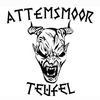 Schwarz-weißes Grafik eines gehörnten, düsteren Gesichts mit den Worten 'ATTEMSMOOR' darüber und 'TEUFEL' darunter in gotischer Schrift.