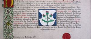 Dokument zur Genehmigung der Führung eines Wappens für das Dorf Parndorf, einschließlich eines Schildes mit einer Distel, ausgestellt am 8. September 1971. Das Dorf hat eine lange Geschichte kontinuierlicher Besiedlung und Kultivierung.