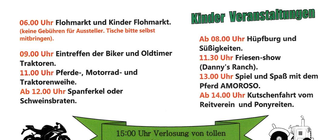 Veranstaltung in Parndorf am 27. Juni 2026. 06.00 bis 18.00 Uhr. Joseph-Haydn-Gasse 26 (am Reitplatz) in 7111 Parndorf. Aktivitäten umfassen einen Flohmarkt, Pferdekutschenfahrten, Traktorshows und Ponyreiten.