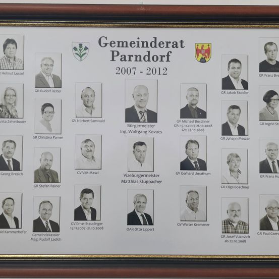 Ein gerahmtes Poster zeigt eine Liste der Gemeinderäte von Parndorf, Österreich, von 2007 bis 2012. Jedes Mitglied hat ein Foto, Name und Rolle, wobei der Bürgermeister und der stellvertretende Bürgermeister hervorgehoben sind.