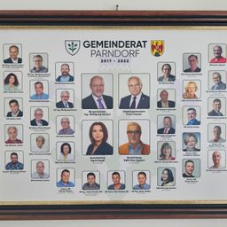 Ein gerahmtes Poster zeigt eine Liste von Personen, jeweils mit Foto und Titel, vom Gemeinderat Parndorf für die Jahre 2017 bis 2022. Die Personen sind in Reihen angeordnet, mit Namen und Titeln unter jedem Foto. Die oberste Reihe umfasst den Bürgermeister und Vizebürgermeister.