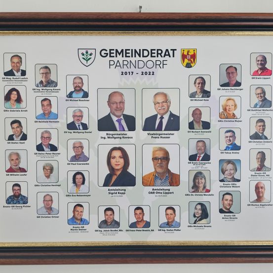 Ein gerahmtes Poster zeigt eine Liste von Personen, jeweils mit Foto und Titel, vom Gemeinderat Parndorf für die Jahre 2017 bis 2022. Die Personen sind in Reihen angeordnet, mit Namen und Titeln unter jedem Foto. Die oberste Reihe umfasst den Bürgermeister und Vizebürgermeister.