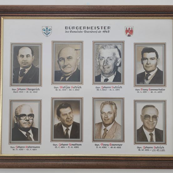 Ein gerahmtes Collage aus acht Schwarz-Weiß-Porträts von Männern, jedes mit ihren Namen und den Jahren, in denen sie als Bürgermeister einer deutschen Stadt dienten.