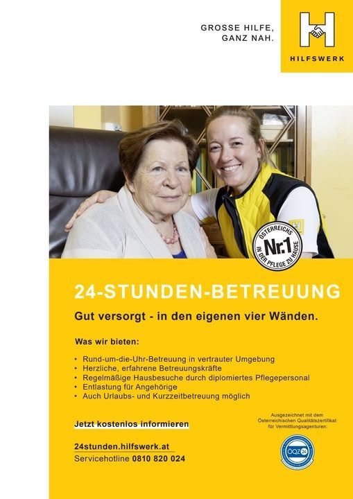 Eine Werbung für einen 24-Stunden-Betreuungsdienst zeigt eine lächelnde Frau und eine ältere Frau. Der Text lautet '24-Stunden-Betreuung' und hebt Dienstleistungen wie Rund-um-die-Uhr-Betreuung, regelmäßige Hausbesuche durch geschultes Pflegepersonal und die Verfügbarkeit von Betreuung für Menschen mit Hörbehinderungen hervor.