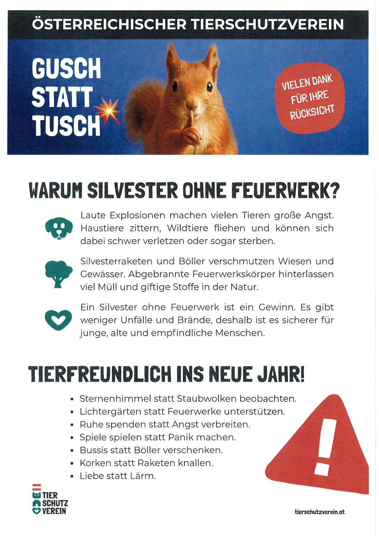 Ein Plakat, das sich für einen Feuerwerksfreien Silvesterabend einsetzt und die negativen Auswirkungen von Feuerwerk auf Tiere und die Umwelt hervorhebt. Es empfiehlt, stattdessen den Sternenhimmel zu beobachten.