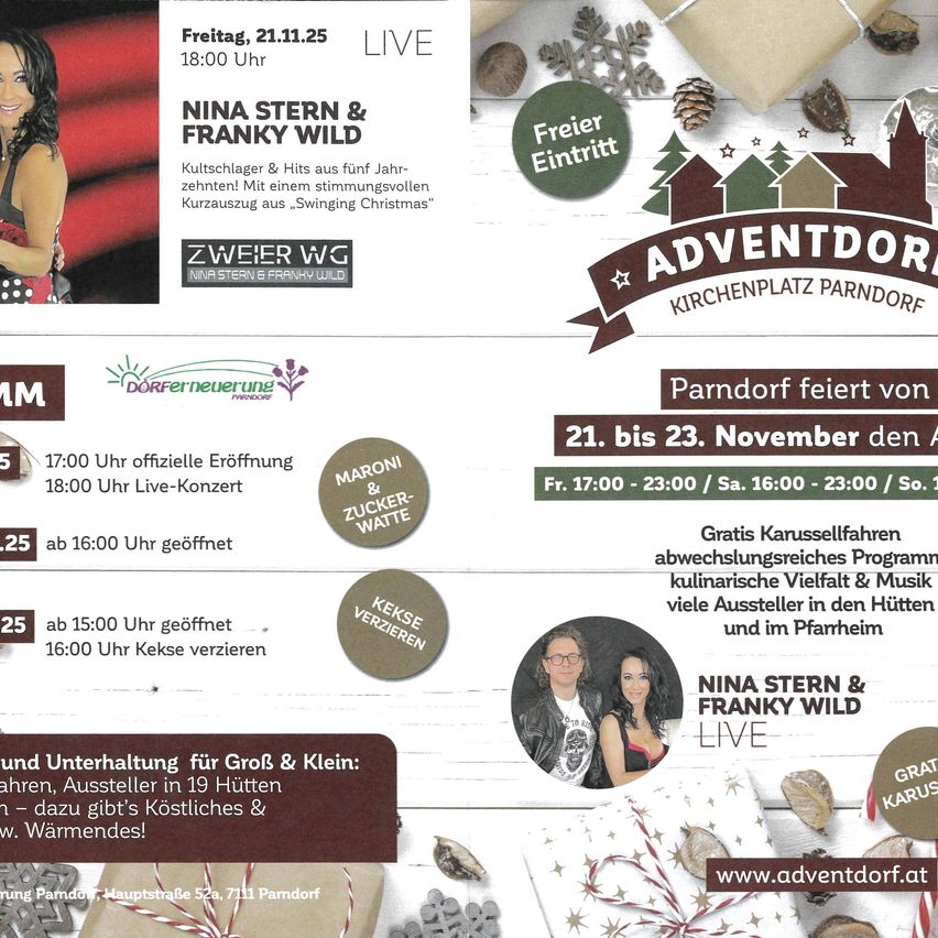 Ein Plakat für das Advent Dorf-Event in Parndorf. Es zeigt Nina Stern & Franky Wild bei der Aufführung. Das Event läuft vom 21. bis 23. November. Freier Eintritt.