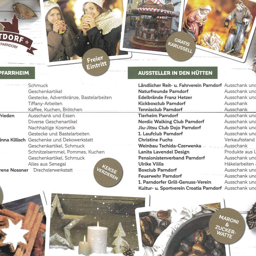 Ein Werbeplakat für den Weihnachtsmarkt in Parndorf zeigt verschiedene Stände mit ihren Angeboten, darunter handgefertigte Artikel, Geschenke und Essen. Es hebt spezielle kostenlose Eintrittsangebote und die vielfältigen Attraktionen des Marktes hervor.