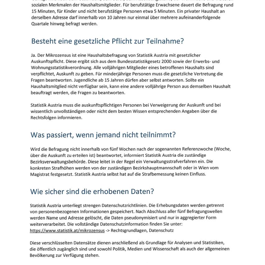 Das Bild enthält Text über Haushaltsbefragungen, Teilnahmepflicht und Datenschutz. Es erläutert die gesetzliche Verpflichtung der Haushaltsmitglieder teilzunehmen, Konsequenzen bei Nichtteilnahme und Datenschutzmaßnahmen.