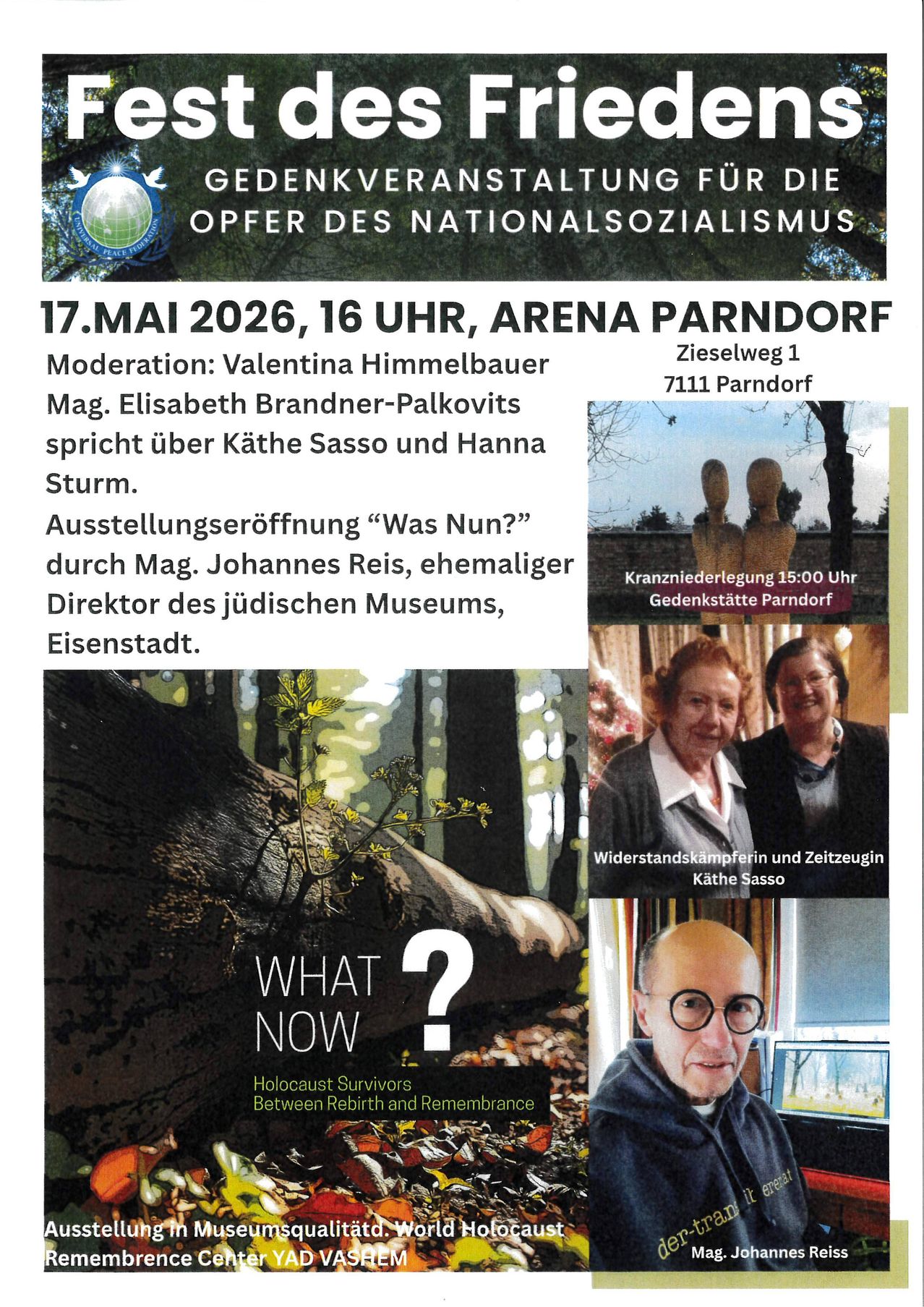 Veranstaltungsflyer für "Opfer des Nationalsozialismus". Datum: 17. Mai 2026, 16:00. Ort: Arena Parndorf. Mit Reden von Elisabeth Brandner-Palkovits und einer Ausstellungseröffnung von Johannes Reis.