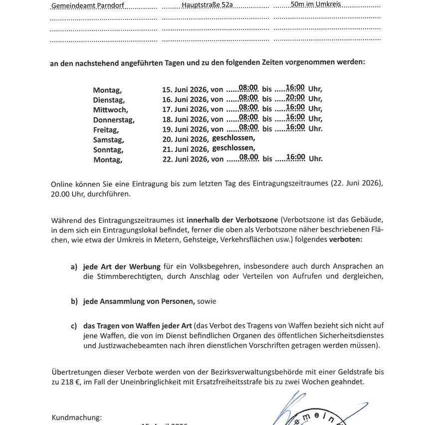 Eine Mitteilung des Rathauses gibt Termine und Zeiten für bevorstehende Veranstaltungen an. Es wird auch eine Eintragungsfrist bis zum Anmeldestichtag erwähnt und ein Verbotsbereich definiert. Es wird vor bestimmten Aktivitäten und dem Tragen von Waffen gewarnt und Strafen erwähnt.