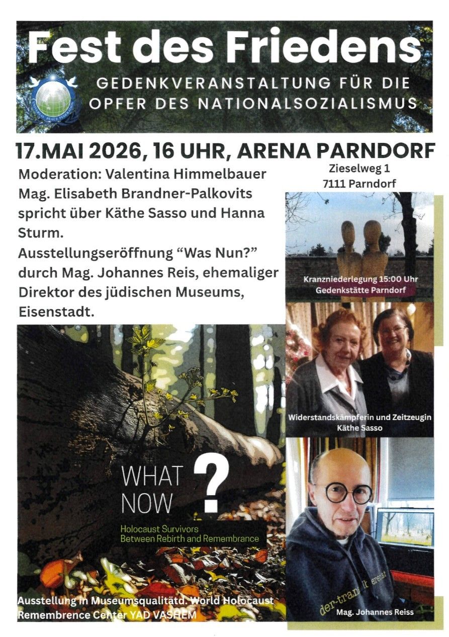 Ausstellungseröffnung 'Was Nun?' am 17. Mai 2026, 16 Uhr, Arena Parndorf. Moderation: Valentina Himmelbauer. Mag. Elisabeth Brandner-Palkovits spricht über Käthe Sasso und Hanna Sturm.