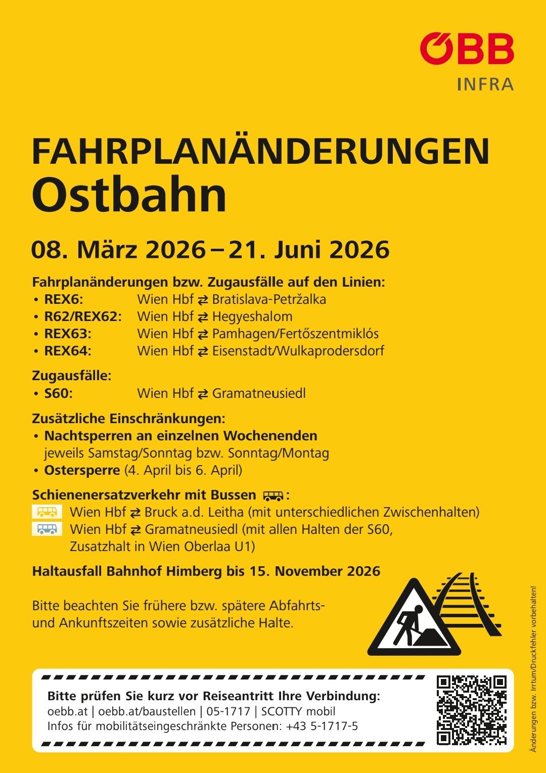 Mitteilung über Fahrplanänderungen für die Ostbahn. Datum: 08. März 2026 bis 21. Juni 2026. Fahrplanänderungen bzw. Zugausfälle auf den Linien: REX6, R62/REX62, REX63, REX64. Zusätzliche Einschränkungen: Nachtsperren an einzelnen Wochenenden und Ostersperre vom 4. April bis 6. April.