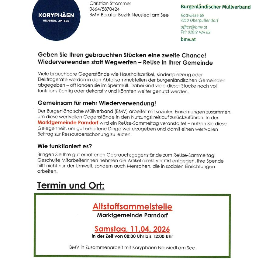 Ein Flyer für eine Abfallsammlungsveranstaltung des Burgenländischen Müllverbandes. Er ermutigt zur Wiederverwendung von brauchbaren Gegenständen anstelle des Wegwerfens. Eine Sammelveranstaltung ist am 11. April 2026 in Parndorf geplant.