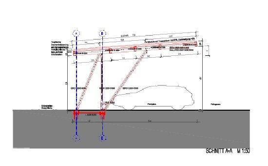 Eine technische Zeichnung zeigt ein Auto mit verschiedenen Maßen und Anmerkungen, einschließlich Dimensionen und Winkeln. Die Zeichnung ist mit 'SCHNITT A-A M 1:50' unten rechts beschriftet.