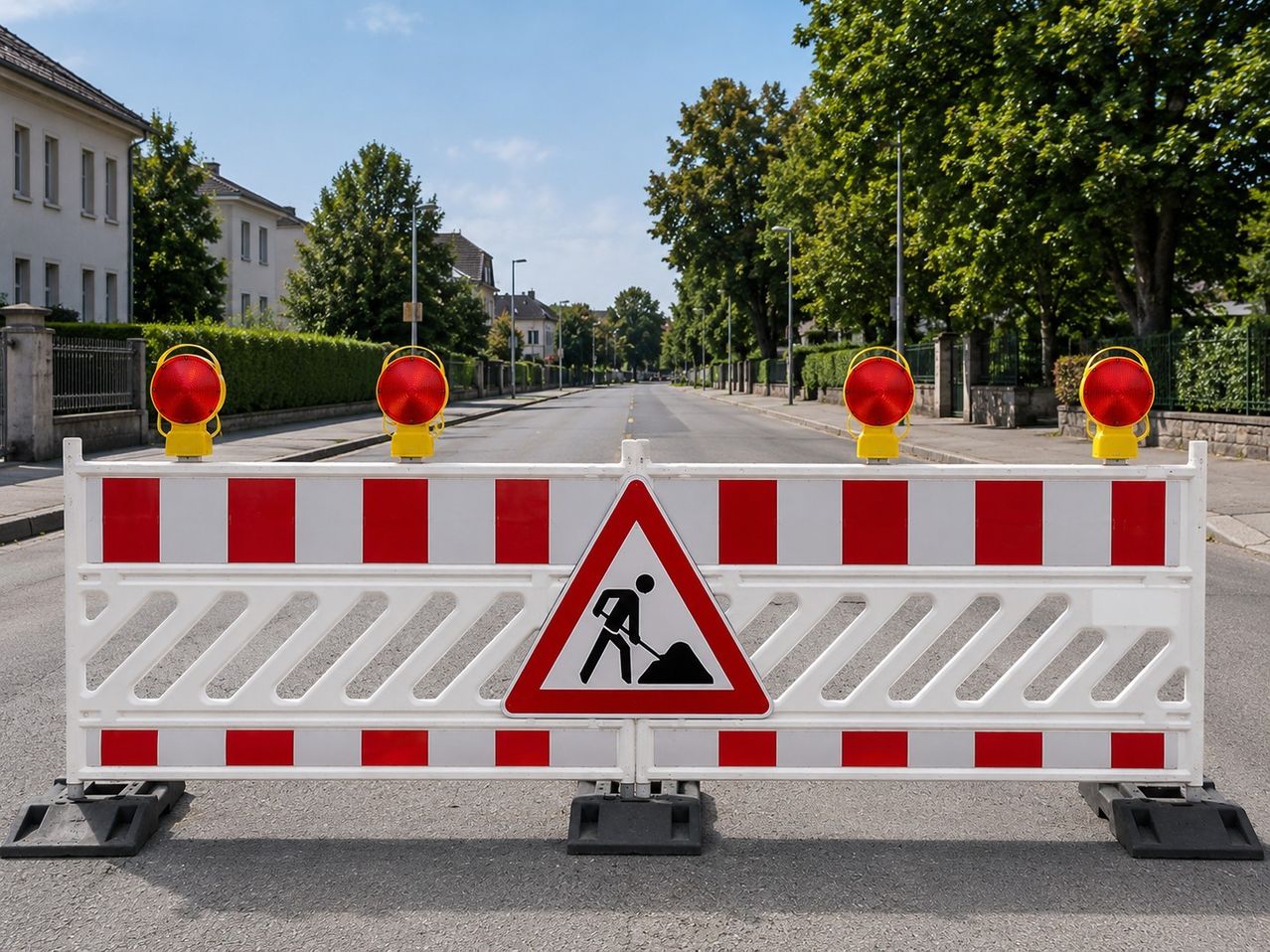 Eine Straße ist durch eine Absperrung mit einem Schild, das auf bevorstehende Straßenarbeiten hinweist, blockiert. Bäume und Straßenlaternen säumen die Seiten der Straße.