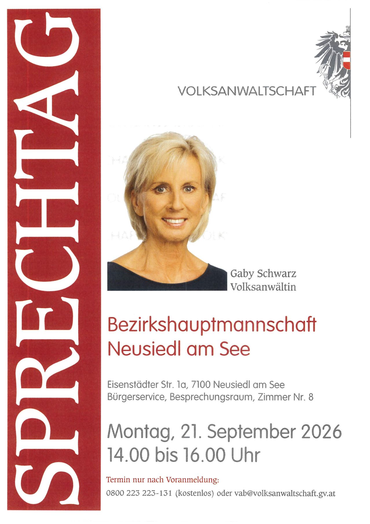 Plakat für eine Bezirksratssitzung in Neusiedl am See mit einer lächelnden Frau namens Gaby Schwarz. Die Veranstaltung ist für den 21. September 2026 geplant.