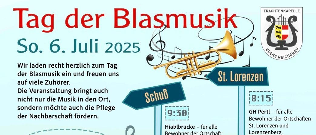 Die Veranstaltung bietet nicht nur Musik in der Gegend, sondern zielt auch darauf ab, den Gemeinschaftsgeist zu fördern. Um 12:00 Uhr versammeln sich die Bewohner von Eben Reichenau zum Mittagessen und Konzert auf dem Dorfplatz. Essen und Getränke werden bereitgestellt.