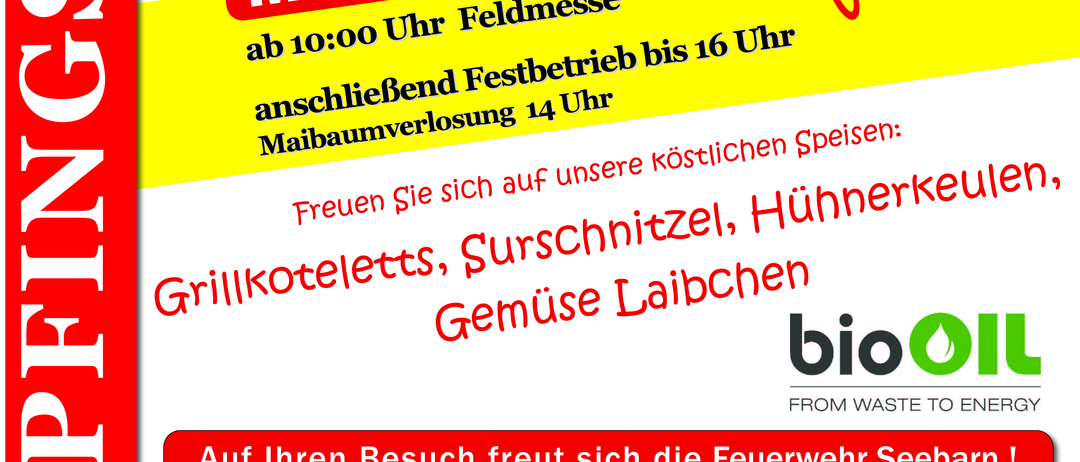 Plakat für das Weingartenfest. Termine sind der 24. und 25. Mai 2026. Aktivitäten umfassen Weinpressebetrieb, Feldmesse und eine Abschlussfeier um 16 Uhr. Speisen beinhalten Bratwurst, Hähnchen und Gemüse. Bio Öl ist die Energiequelle. Die Feuerwehr Seebarn freut sich auf Besucher. Sponsoren sind Gmeiner, Weinhof und Roche.