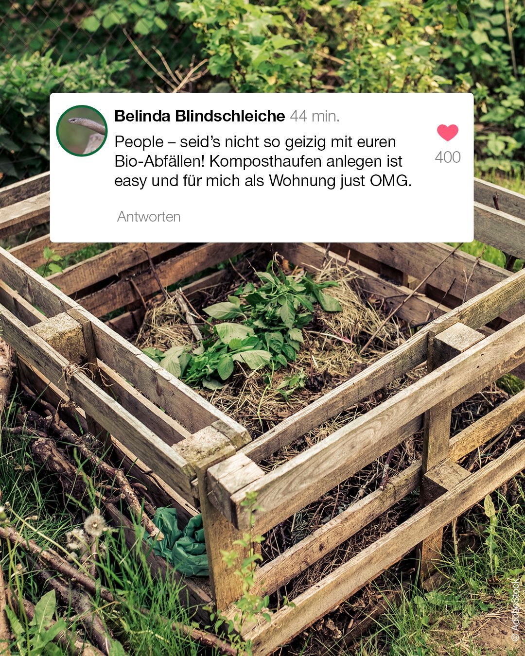 Ein hölzerner Kompostbehälter voller Blätter und kleiner Zweige steht draußen. Eine Überlagerung lautet: 'Leute - seid nett zu eurem Biomüll. Kompostieren ist einfach.' Das Bild hat einen grünen Hintergrund.