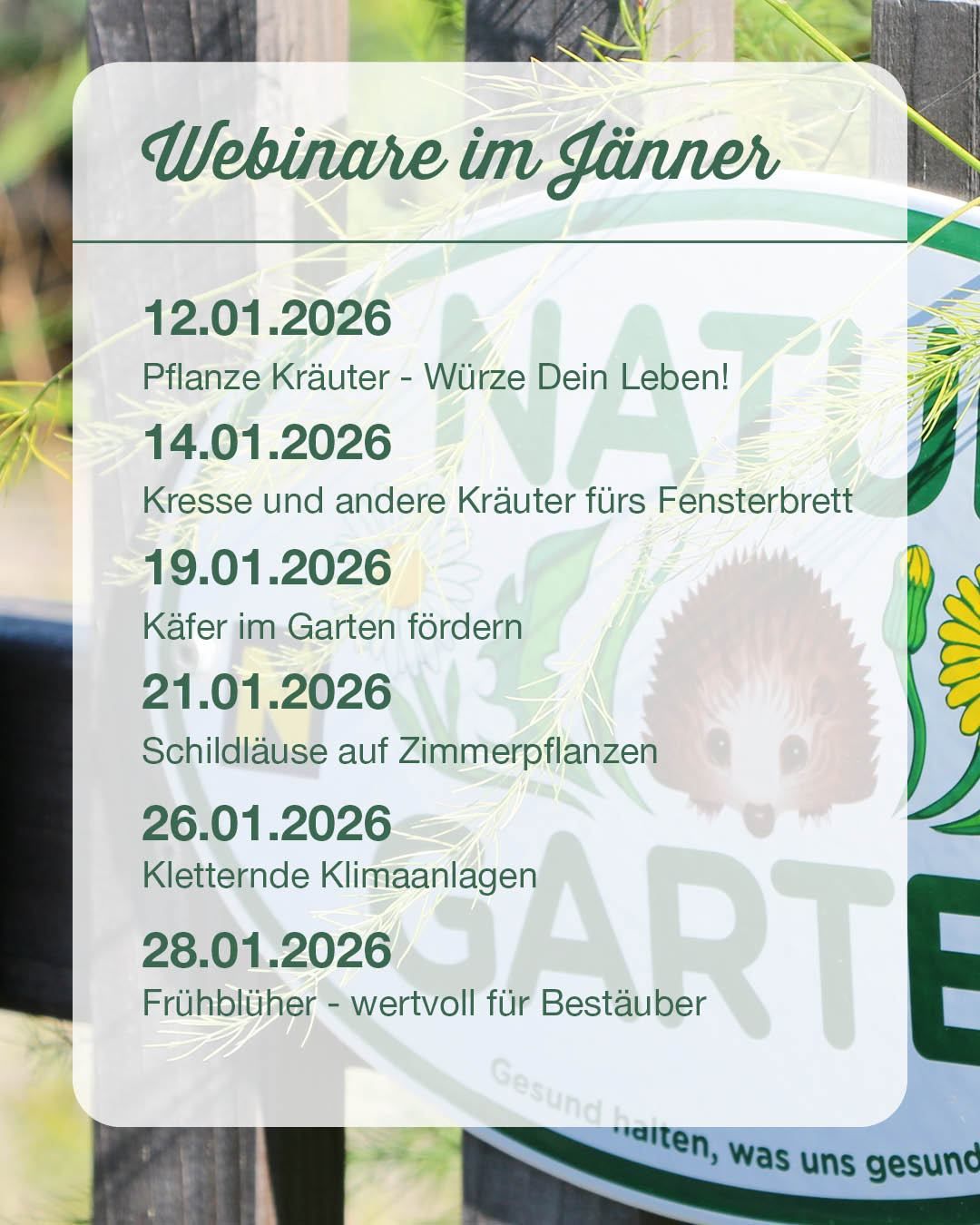 Ein Plakat bewirbt Webinare zum Gärtnern im Januar mit Themen wie Kräuter pflanzen, Gartenkäfer und früh blühende Pflanzen für Bestäuber. Die Termine reichen vom 12. Januar bis zum 28. Januar 2026.