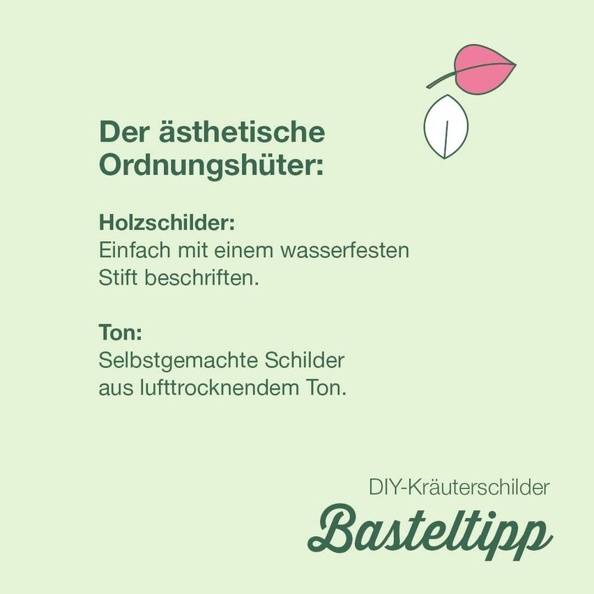 Ein Poster zeigt einen ästhetischen Ordnungsschützer. Es ist ein Holzschild, mit einem wasserfesten Stift beschriftet. Der Schild ist aus lufttrocknenden Ton. DIY-Kräuterschild. Basteltipp.
