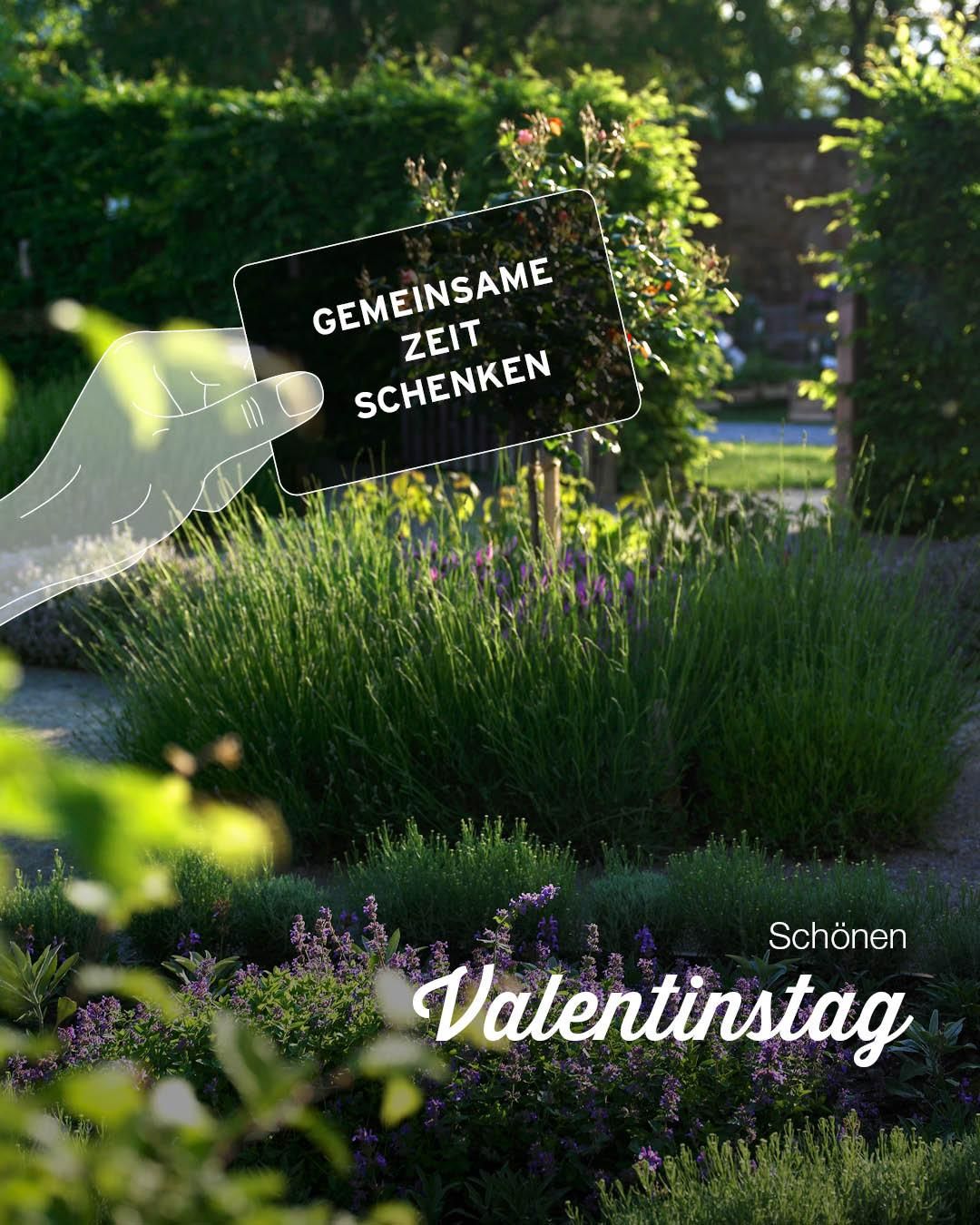 A hand holding a card that reads 'Spend time together' above a garden scene on Valentine's Day.