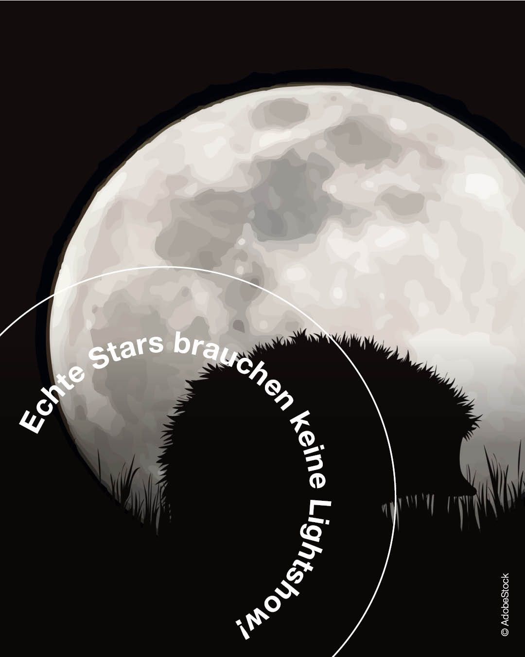 Ein Vollmond am Nachthimmel mit den Worten Echte Stars brauchen keine Lights. Im Vordergrund ist eine Silhouette eines Igels zu sehen.