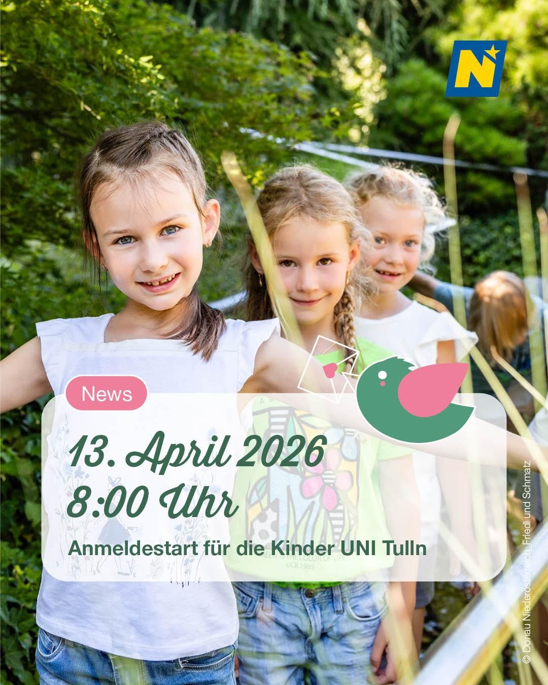 Three girls stand in a garden with a banner announcing the start of registration for UNI Tulln children on April 13, 2026, at 8:00 AM.