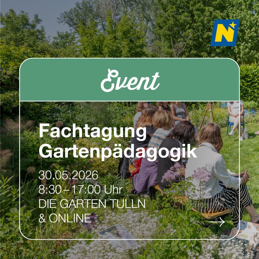 An event poster for a gardening pedagogy workshop. Date: May 30, 2026. Time: 8:30-17:00. Location: The Tulln Garden & online.