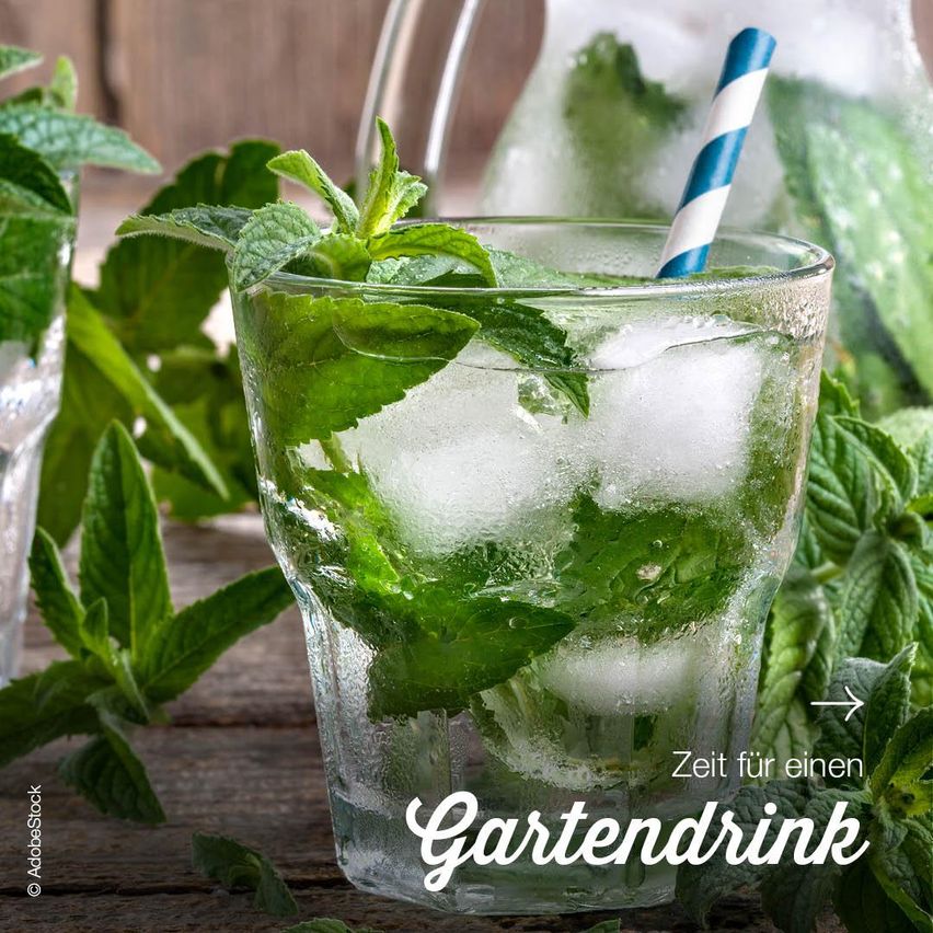 A glass with a mint-infused drink and ice cubes, garnished with a blue and white striped straw. The words 'Zeit fur einen Gartendrink' are written below.