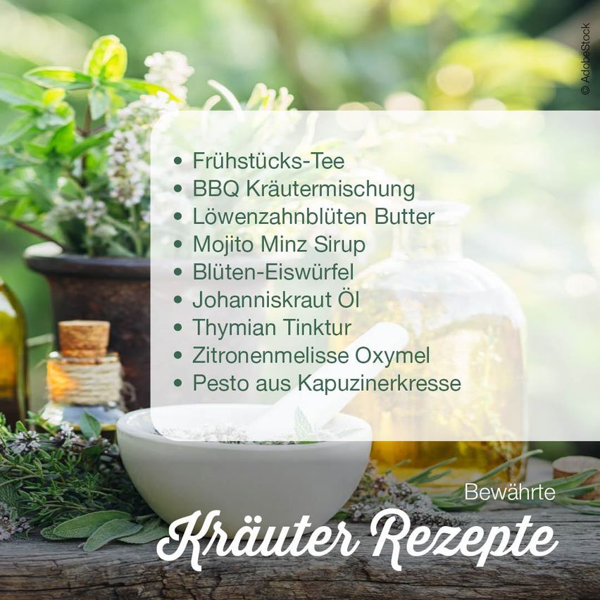 Auf einem Holztisch stehen eine Schüssel mit Kräutern, ein Mörser und verschiedene Flaschen mit Etiketten. Eine Liste von Kräuterrezepten wird gezeigt, einschließlich Frühstückstee, BBQ-Kräutermischung und mehr.