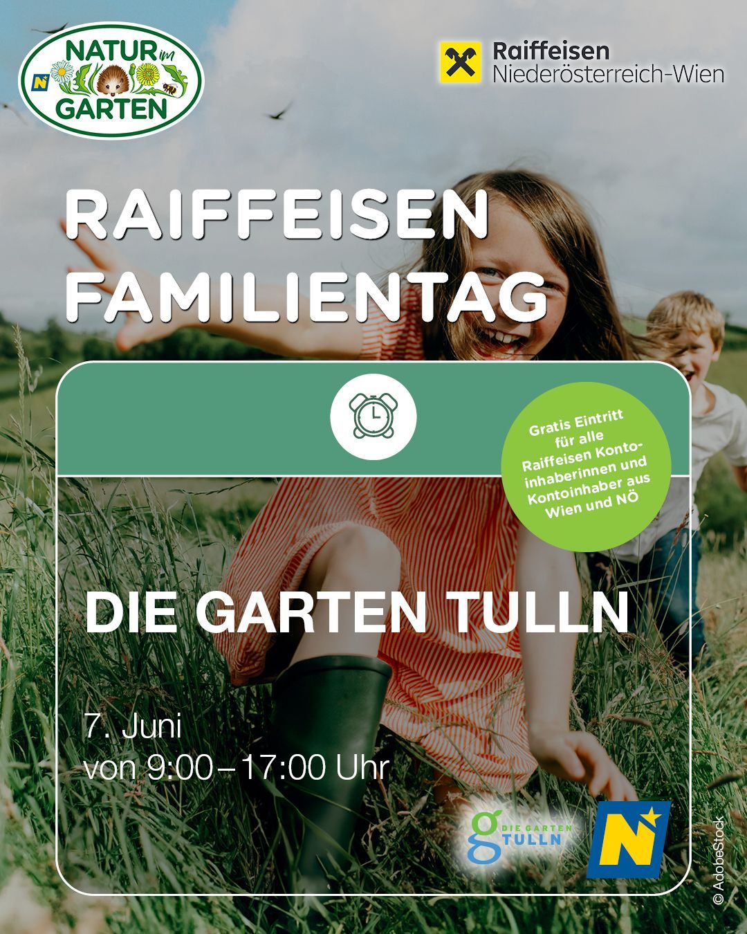 An advertisement for Raiffeisen Family Day, featuring a girl and a boy in a garden. Free entry for all Raiffeisen account holders from Vienna and Lower Austria. June 7, 9:00-17:00.