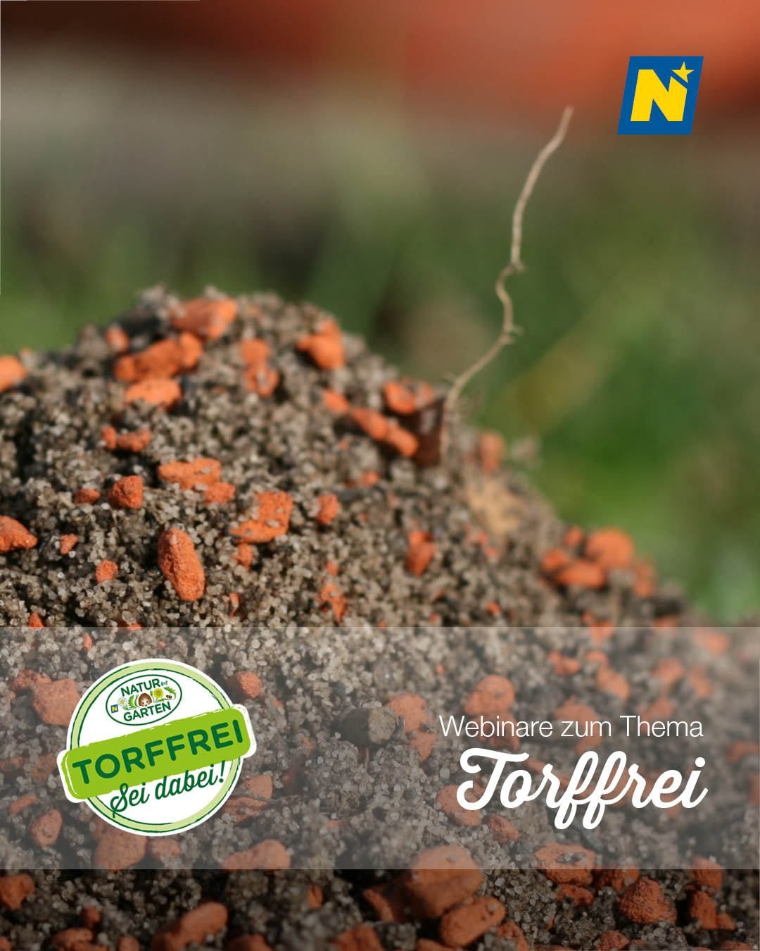 Ein Haufen torffreier Erde mit einem kleinen grünen Logo auf der linken Seite. Das Logo sagt 'Torffrei'. Der Text 'Webinare zum Thema Torffrei' steht rechts.