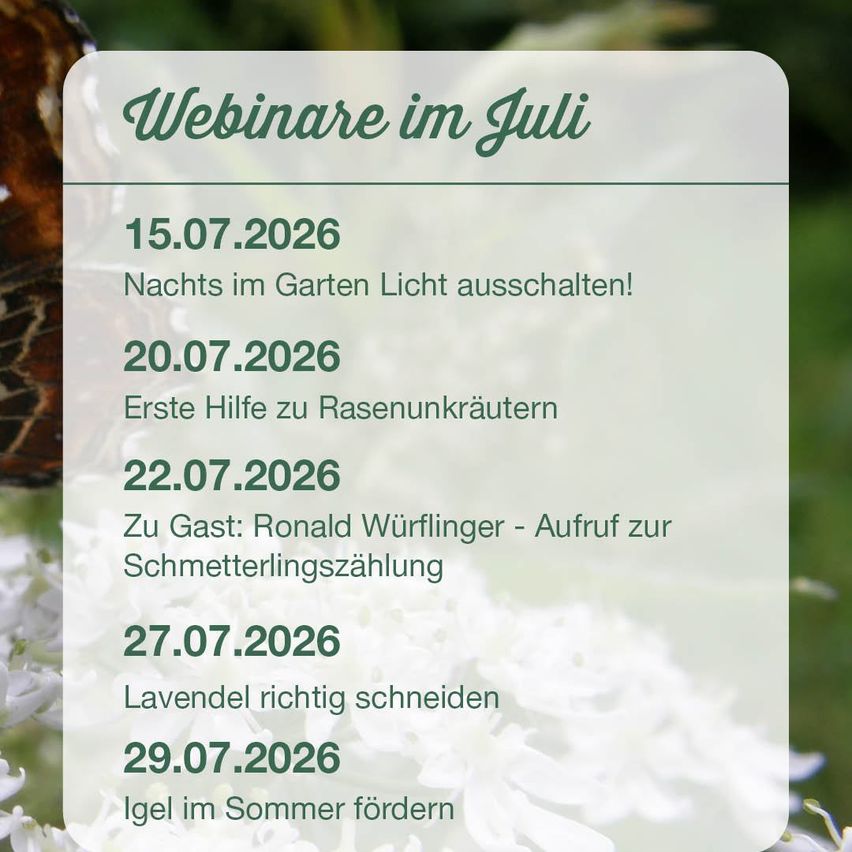 Ein Flyer für Webinare im Juli. Daten und Themen umfassen: 15.07.2026, Licht im Garten nachts ausschalten; 20.07.2026, Erste Hilfe bei Rosenkrankheiten; 22.07.2026, Schmetterlingszählung mit Gast Ronald Wurflinger; 27.07.2026, Lavendel richtig schneiden; 29.07.2026, Sommerdüngen.