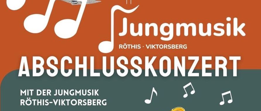 Plakat für ein Musikkonzert mit der Jugendmusikgruppe Rothis-Viktorsberg. Es zeigt Noten, Instrumente und eine Gruppe junger Musiker in roten Shirts. Die Veranstaltung findet an der Viktorsberg-Grundschule statt.