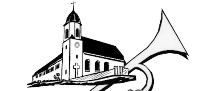 Ein Schwarz-Weiß-Logo für Musikverein Viktorsberg. Es zeigt eine Kirche, eine Trompete und ein Kleeblatt. Der Text 'Musikverein Viktorsberg' steht darunter.