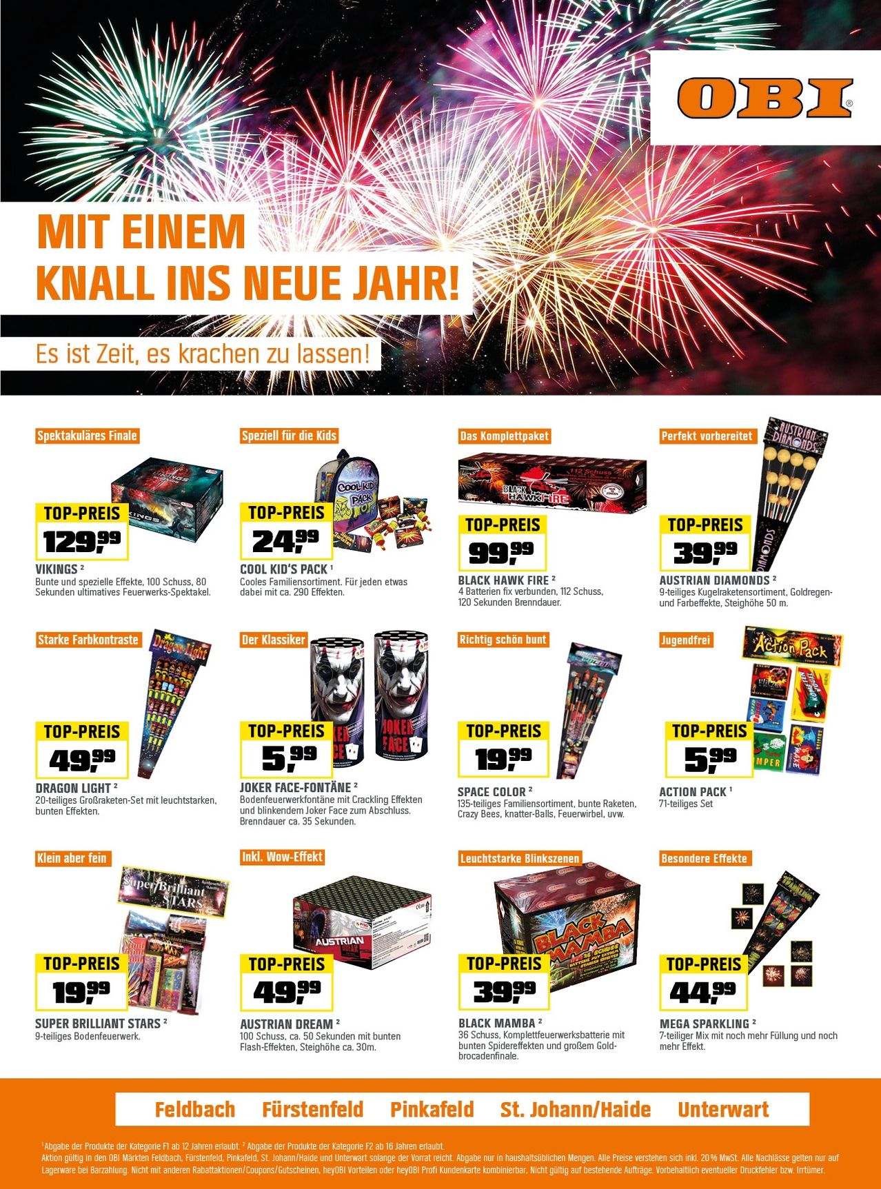 Werbung für Feuerwerksprodukte. Zeigt verschiedene Produkte mit Preisen und Beschreibungen. Beinhaltet ein spezielles Angebot für Kinder, komplette Feuerwerkssets und Produkte mit Top-Preisen. Produkte umfassen Viking, Cool Kid's Pack, Black Hawk Fire, Austrian Diamonds, Joker Face-Fountaine, Space Color, Action Pack, Super Brilliant Stars, Austrian Dream, Black Mamba und Mega Sparkling.